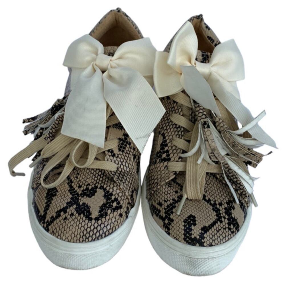Jolimall Tan Snake Print Bow Tassel Sneakers 9